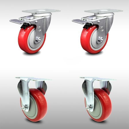Service Caster 4 Inch SS Red Polyurethane Top Plate Caster Lock Brake 2 Rigid SCC, 2PK SCC-SSTTL20S414-PPUB-RED-2-R-2